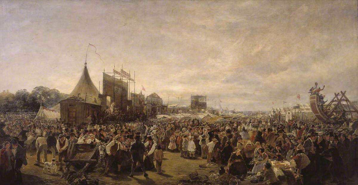 A nineteenth-century painting depicting a crowd scene at Donnybrook Fair, with multiple figures carrying walking sticks and shillelaghs as part of formal dress and cultural carry register.